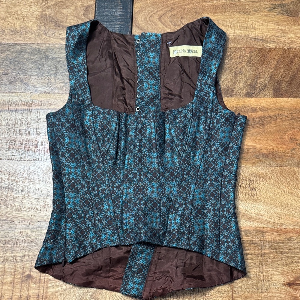 Helena Sorel vintage 90s corset top brocade brown turquoise teal